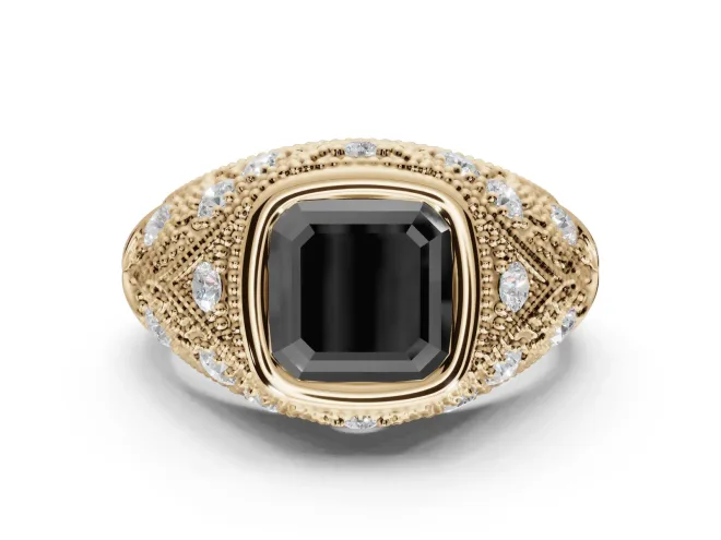 Asscher Cut Vintage Bezel Engagement Ring Setting for a Black Center | Milgrain Band | Yellow Gold