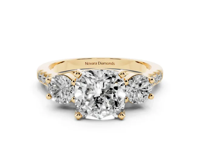 Cushion Cut Three-Stone Pavé Engagement Ring Setting | Round Side Stones | Yellow Gold