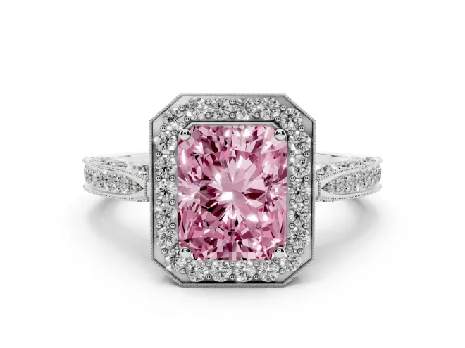 Radiant Cut Milgrain Halo Engagement Ring Setting for a Fancy Pink Lab-Grown Diamond | Side Stones | Sterling Silver