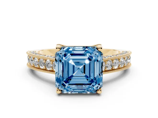 Asscher Cut Hidden Halo Engagement Ring Setting for a Fancy Blue Lab-Grown Diamond | Milgrain Pavé | Yellow Gold