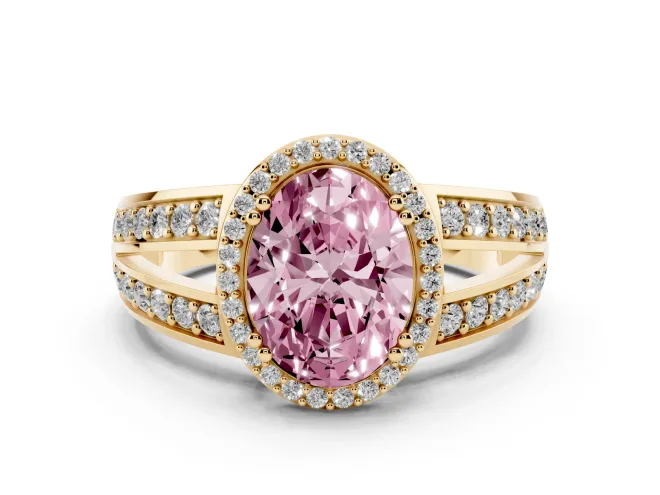 Fancy Pink Oval Cut Diamond Halo Ring Set in Yellow gold with Double Pavé Split Shank