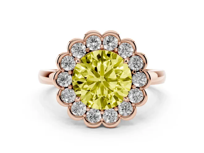 Round Scalloped Cluster Halo Engagement Ring Setting for a Fancy Yellow Lab-Grown Diamond | Plain Band | Rose Gold