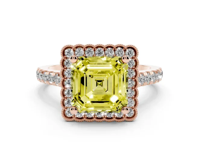 Asscher Cut Milgrain Floral Halo Engagement Ring Setting for a Fancy Yellow Lab-Grown Diamond | Pavé Band | Rose Gold