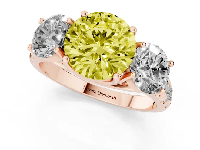 Fancy Yellow Round Cut Diamond Three-Stone Ring Set in Rose gold with Pavé Band – second view