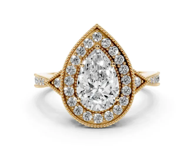 Pear Cut Diamond Halo Engagement Ring Set in Yellow gold with Milgrain Pavé Band