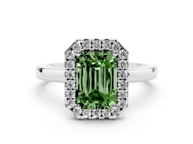 Emerald Cut Thin Halo Engagement Ring Setting for a Fancy Green Lab-Grown Diamond | Plain Polished Band | White Gold