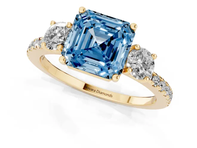 Fancy Blue Asscher Cut Diamond Three-Stone Ring Set in Yellow gold with Pavé Band and Graduated Sides – second view