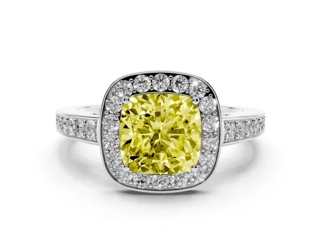 Cushion Cut Framed Halo Engagement Ring Setting for a Fancy Yellow Lab-Grown Diamond | White Gold