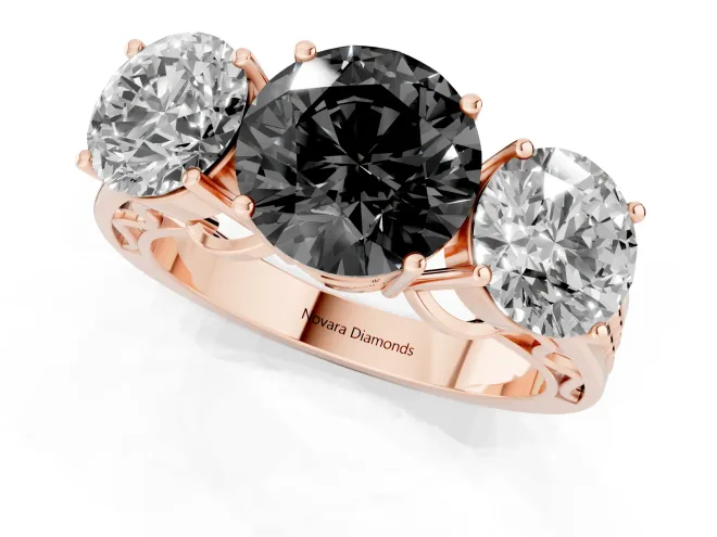 Fancy Black Round Cut Diamond Three-Stone Ring Set in Rose gold with Textured Band – second view