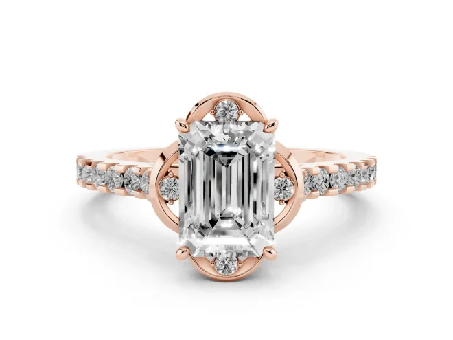 Emerald Cut Diamond Solitaire Ring Set in Rose gold with Pavé Band and Floral Prong Setting