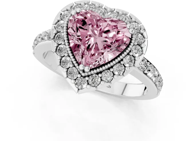 Fancy Pink Heart Cut Diamond Halo Ring Set in Platinum with Pavé Shank and Prong Setting – second view