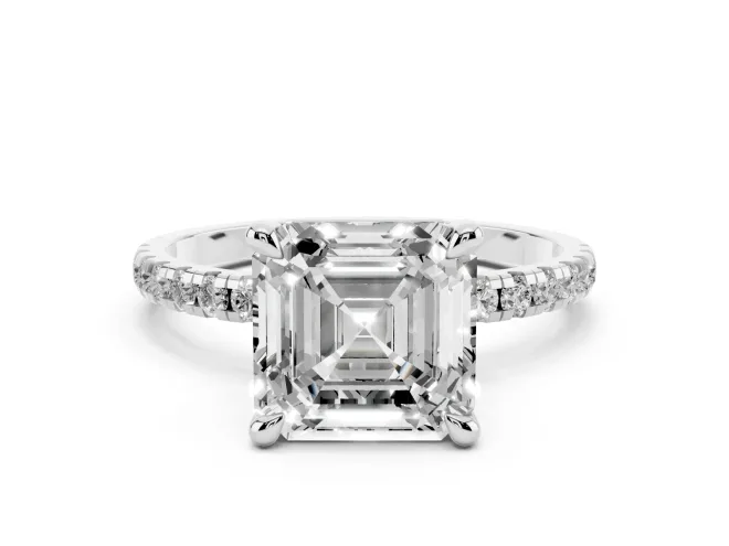 Asscher Cut Diamond Brilliant Solitaire Ring Set in Platinum with Pavé Band and Prong Setting