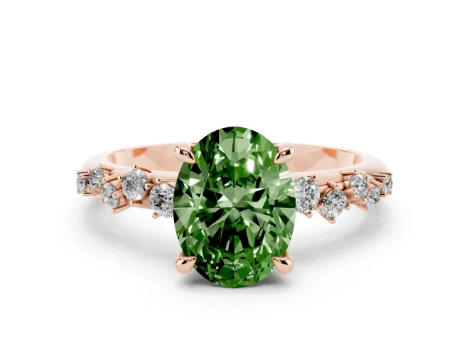 Fancy Green Oval Cut Diamond Solitaire Vine Band Ring Set in Rose gold with Round Accents and Prong Setting