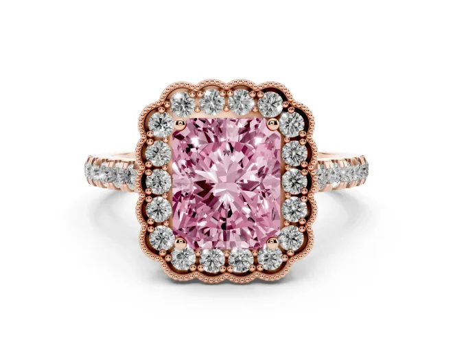 Radiant Cut Milgrain Floral Halo Engagement Ring Setting for a Fancy Pink Lab-Grown Diamond | Pavé Band | Rose Gold