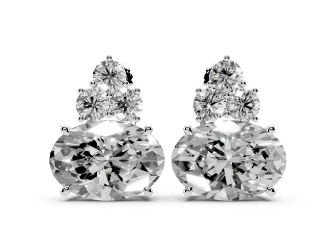 Oval Lab-Grown Diamond East-West Cluster Stud Earrings | Round Accent Trio | White Gold