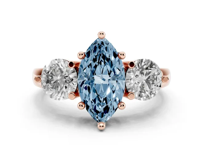 Marquise Three Stone Engagement Ring Setting for a Fancy Blue Lab-Grown Diamond | Open Prong Baskets | Rose Gold