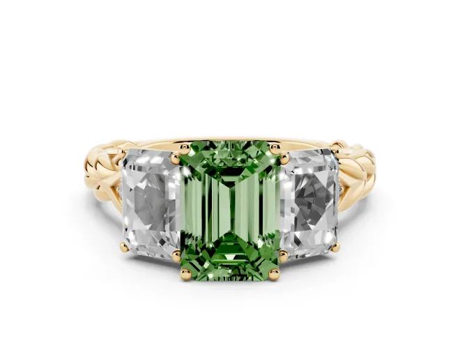Emerald Cut Three Stone Engagement Ring Setting for a Fancy Green Lab-Grown Diamond | Braided Band | Yellow Gold