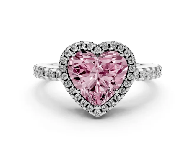 Fancy Pink Heart Cut Diamond Halo Ring Set in Platinum with Pavé Shoulders and Halo-Framed Center