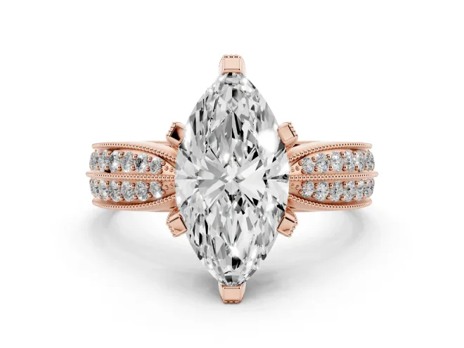 Marquise Cut Diamond Solitaire Ring Set in Rose gold with Milgrain Double Row Round Pavé Band
