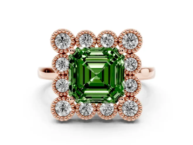 Asscher Cut Milgrain Cluster Halo Engagement Ring Setting for a Fancy Green Lab-Grown Diamond | Plain Band | Rose Gold