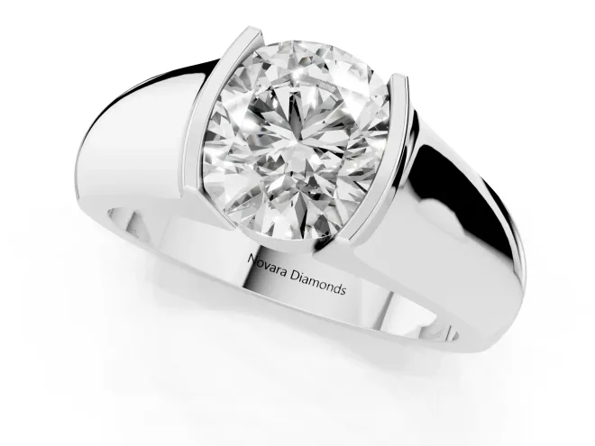 Round Cut Diamond Bezel Solitaire Ring Set in Platinum with Wide Band – second view