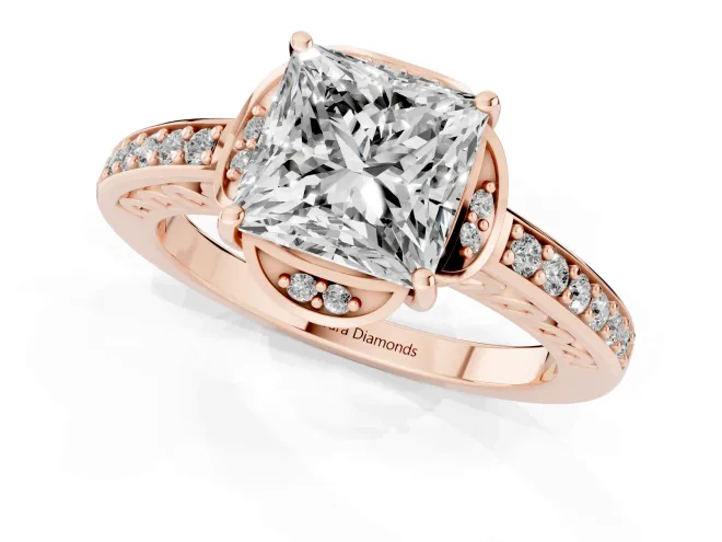 Princess Cut Diamond Halo Ring Set in Rose gold with Channel Set Band and Prong Setting – second view