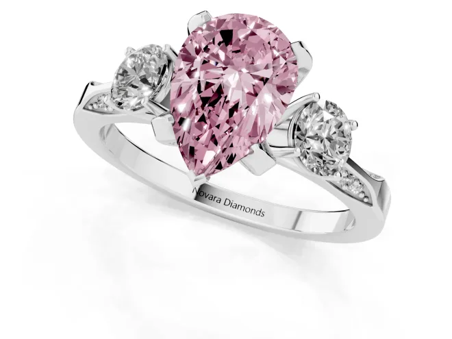 Fancy Pink Pear Cut Diamond Three-Stone Ring Set in White gold with Pavé Band and Smaller Side Stones – second view