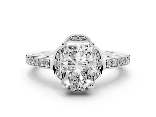 Radiant Cut Diamond Halo Ring Set in White gold with Channel Set Band and Prong Setting
