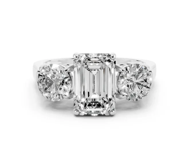 Emerald Cut Three Stone Engagement Ring Setting | Round Side Stones and Open Baskets | Platinum