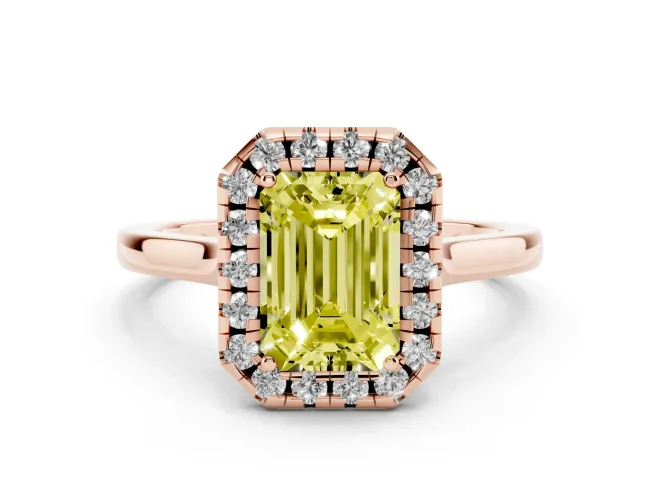 Emerald Cut Halo Engagement Ring Setting for a Fancy Yellow Lab-Grown Diamond | Flat Tapered Band | Rose Gold