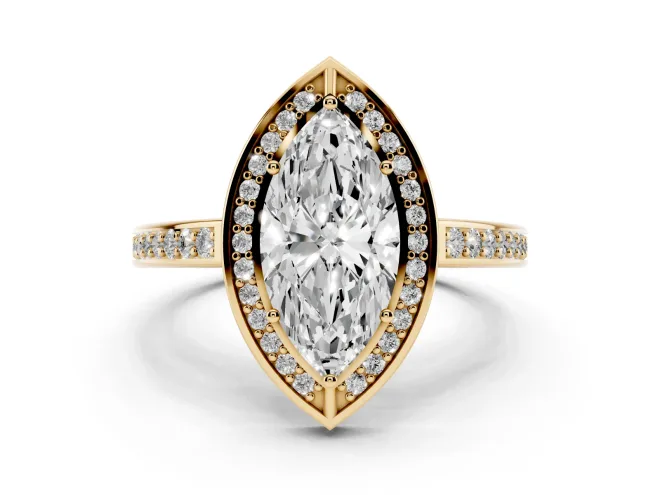 Marquise Cut Diamond Halo Pavé Split Shank Ring Set in Yellow gold with Prong Setting