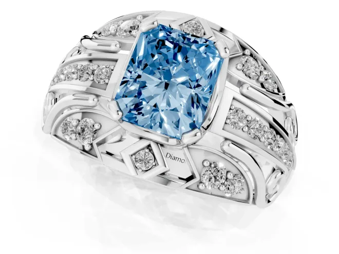 Fancy Blue Radiant Cut Diamond Art Deco Ring Set in Silver with Pavé Split Shank – second view