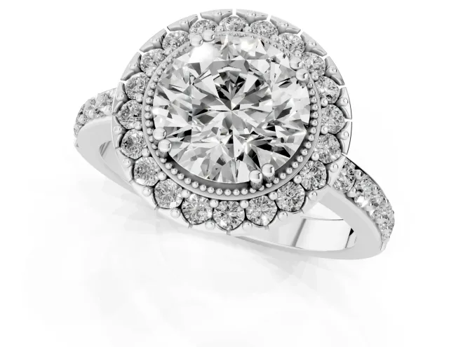 Round Cut Diamond Halo Ring Set in Silver with Pavé Shank and Prong Setting – second view
