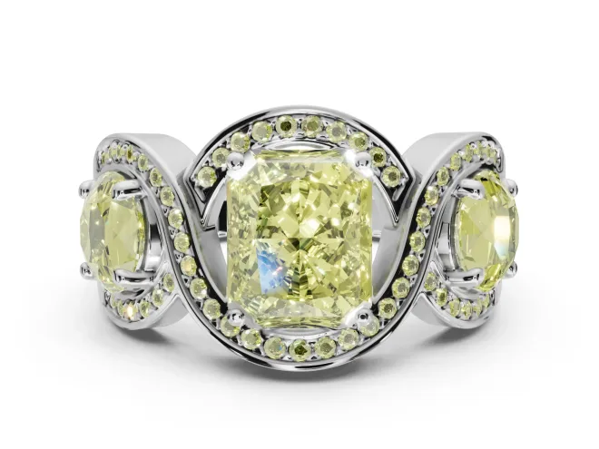 Radiant Cut Three Stone Halo Engagement Ring Setting for a Fancy Yellow Lab-Grown Diamond | Pavé Wave Band | Platinum