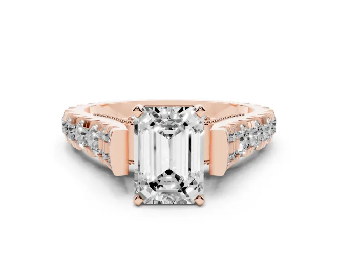 Emerald Cut Graduated Side Stone Cathedral Engagement Ring Setting | Milgrain Gallery | Rose Gold