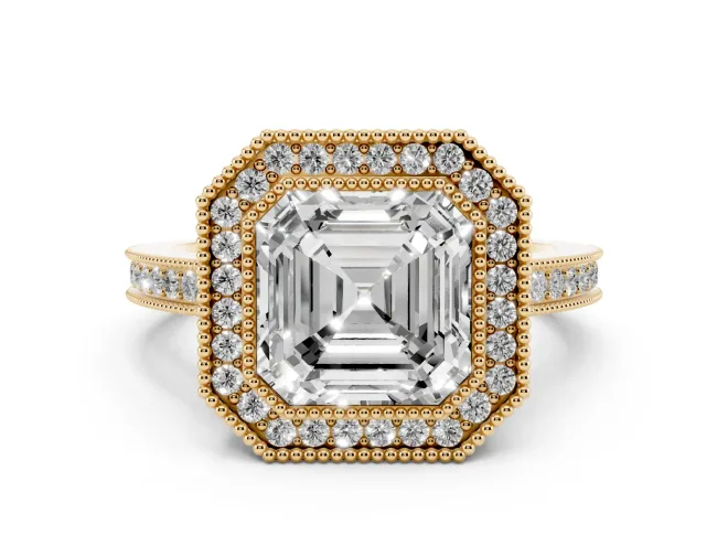 Asscher Cut Diamond Halo Ring Set in Yellow gold with Pavé Band and Milgrain-Edged Prongs