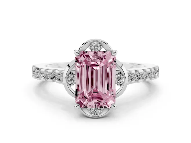 Fancy Pink Emerald Cut Diamond Solitaire Ring Set in Platinum with Pavé Band and Floral Prong Setting