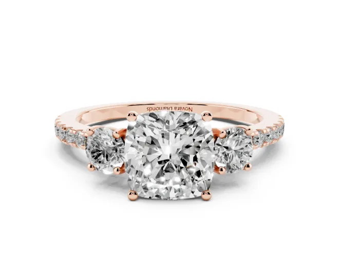 Cushion Cut Three Stone Engagement Ring Setting | Pavé Shoulders | Rose Gold