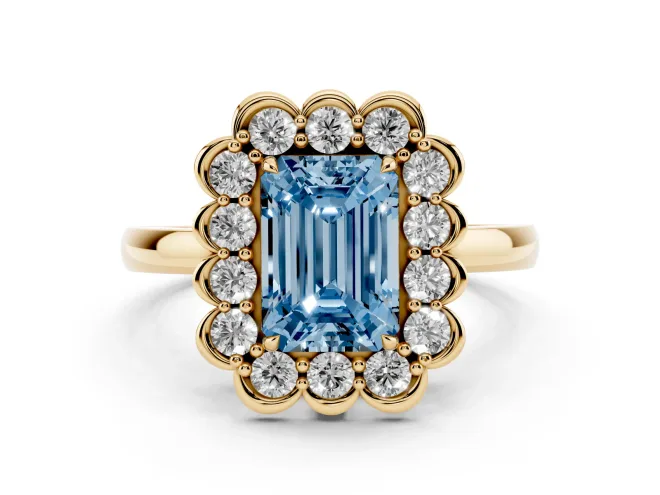 Emerald Cut Scalloped Cluster Halo Engagement Ring Setting for a Fancy Blue Lab-Grown Diamond | Plain Band | Yellow Gold