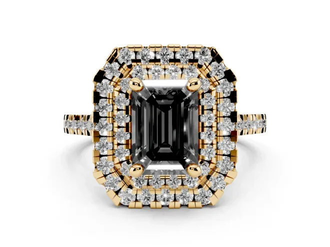 Emerald Cut Double Halo Engagement Ring Setting for a Black Center | Pavé Shoulders | Yellow Gold