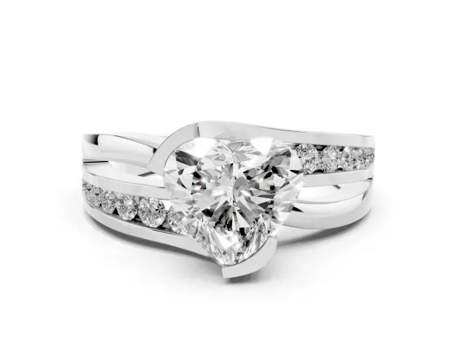 Heart Cut Diamond Solitaire Ring Set in Silver with Channel Set Split Shank and Tension Prongs