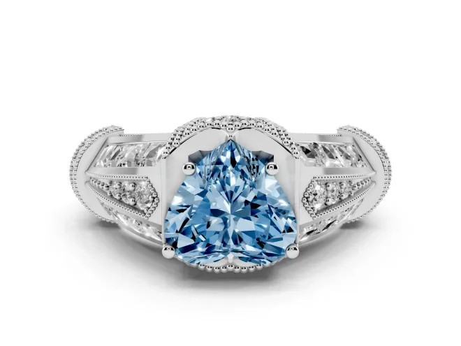 Fancy Blue Heart Cut Diamond Vintage-Inspired Milgrain Ring Set in Platinum with Accent Split Shank