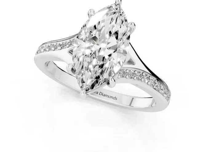 Marquise Cut Diamond Solitaire Ring Set in White gold with Pavé Accent Band and Classic Prong Setting – second view