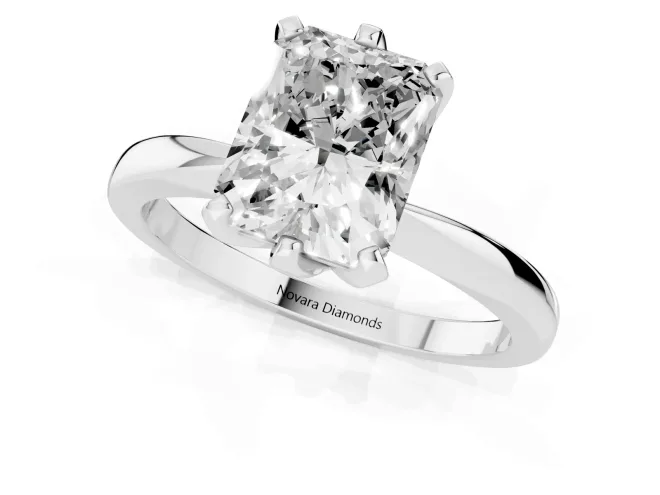 Radiant Cut Diamond Solitaire Engagement Ring Set in Platinum with Slim Tapered Solitaire Band – second view