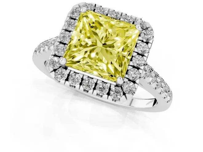 Fancy Yellow Princess Cut Diamond Halo Pavé Engagement Ring Set in Platinum with Prong Setting – second view