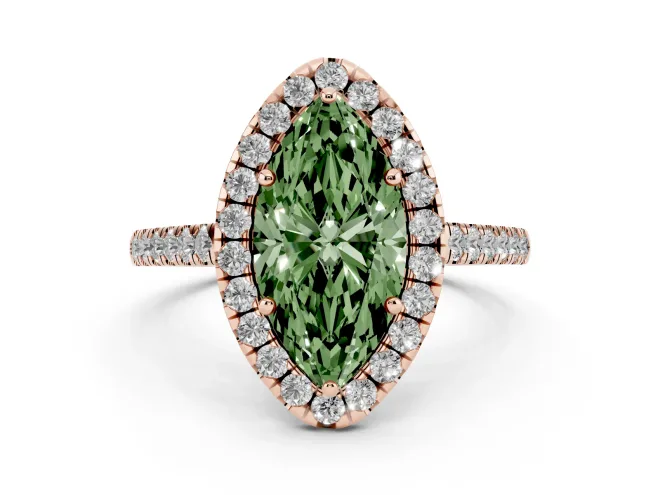 Fancy Green Marquise Cut Diamond Halo Pavé Engagement Ring Set in Rose gold with Prong Setting