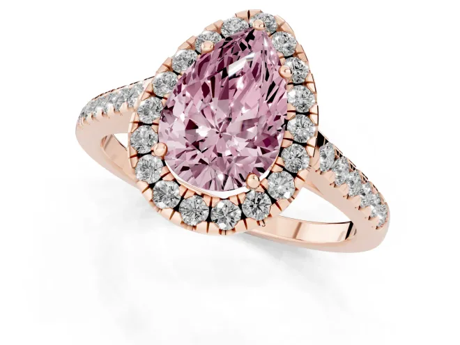 Fancy Pink Pear Cut Diamond Halo Pavé Engagement Ring Set in Rose gold with Prong Setting – second view