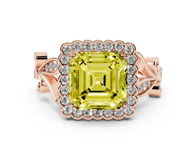 Asscher Cut Leaf Halo Engagement Ring Setting for a Fancy Yellow Lab-Grown Diamond | Rose Gold