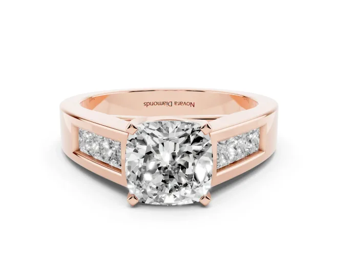 Cushion Cut Diamond Solitaire Ring Set in Rose gold with Channel-Set Accent Stones and Prong Setting