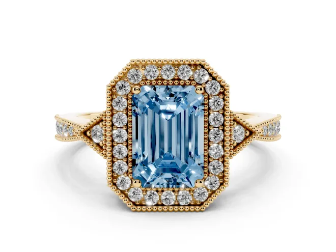 Emerald Cut Milgrain Halo Engagement Ring Setting for a Fancy Blue Lab-Grown Diamond | Graduated Pavé | Yellow Gold